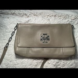 Tory Burch Tan Britten Leather Fold Over Crossbody Bag